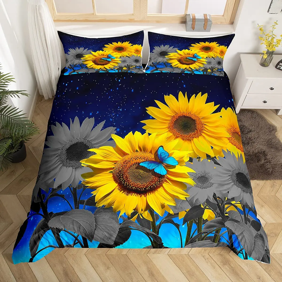 

Yellow Sunflower King Queen Bedding Set Blossom Flowers Duvet Cover Blue Butterfly Floral Quilt Cover Polyester Comforter Cover