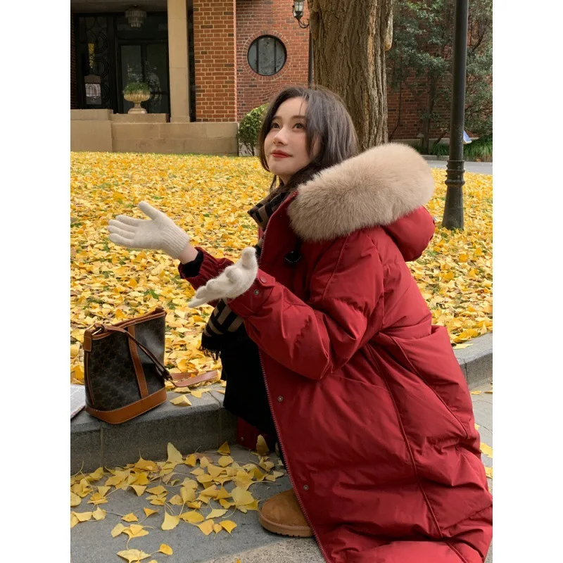 Korean Fashion Loose Hoodie Down And Cotton Coat Women Knee Length Hooded Jacket Thicken Warm Winter Oversize Overcoat Fur Hat