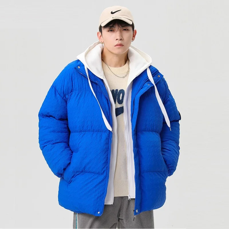 Winter Jackets Mens Fashion Fake Two-piece Hooded Jacket Windproof High Collar Color Matching Coat Houndstooth Padded Jacket