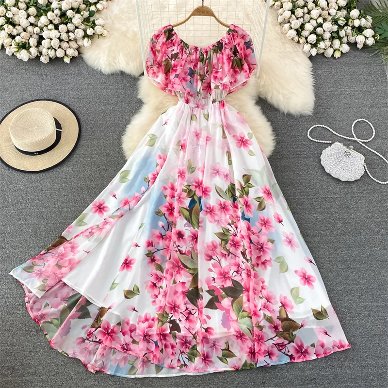 

Summer Women Fashion Ruffles One Word Collar Floral Print Dress Sweet Long Over-the-knee Ladies Dress High Waist Korean Vestidos