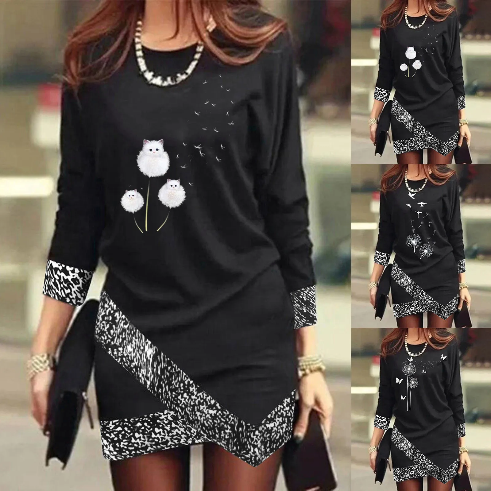 

Women's Casual Printing Skirt Round Neck Long Sleeve Irregular Hem Dress Cute Short Dresses Dresses for Women Loose