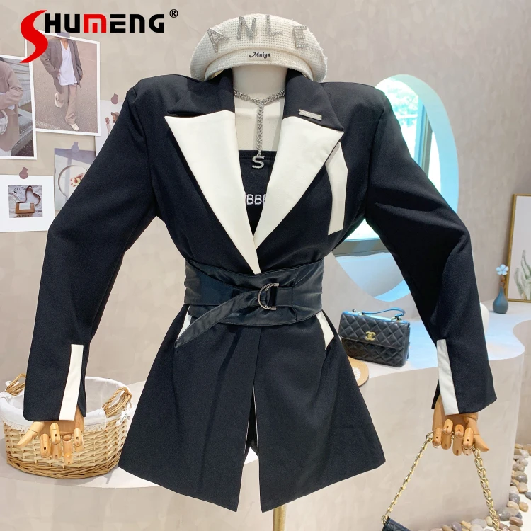

Spring 2022 New Ladies Slimming Waist Long Sleeve Contrast Color Mid-length Suit Coat Women Elegant Business Blazer with Belt