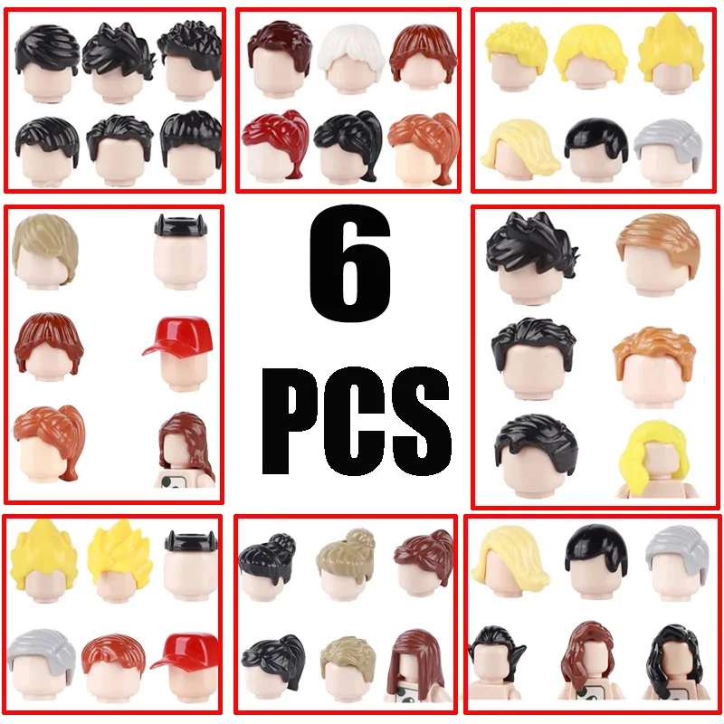 6 Pcs MOC City Figures Hair Building Blocks Character Man Woman Girl Boy Head Parts Compatible Accessories Bricks Kids Toys
