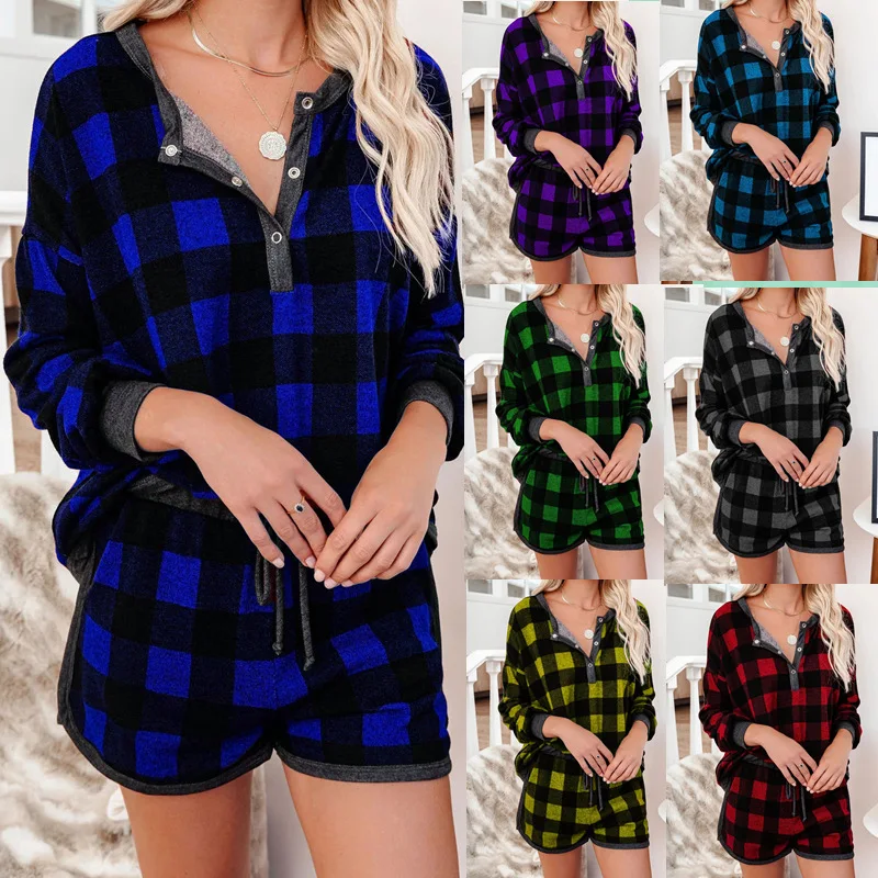 

Women Shorts Two Piece Sets Plaid 2022 New Fashion Homewear Single Breasted V Neck T Shirts Tops Drawstring Shorts Loose Blouses