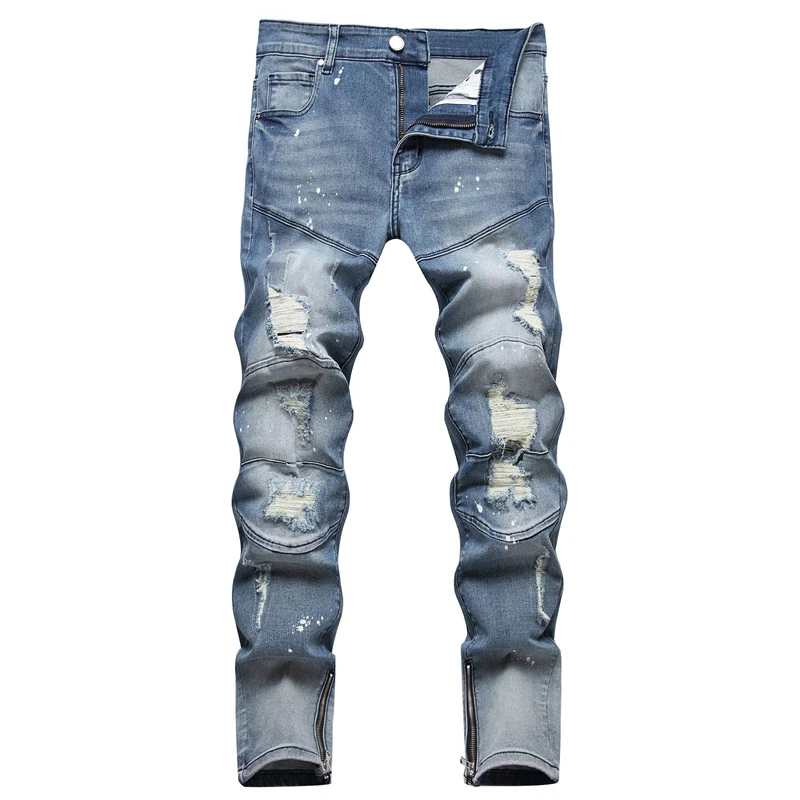 

European American Spliced Nostalgic Jeans Fashion Ripped Waist Slim Long Pants Leg Zipper Motorcycle Hip Hop Beggar Trousers