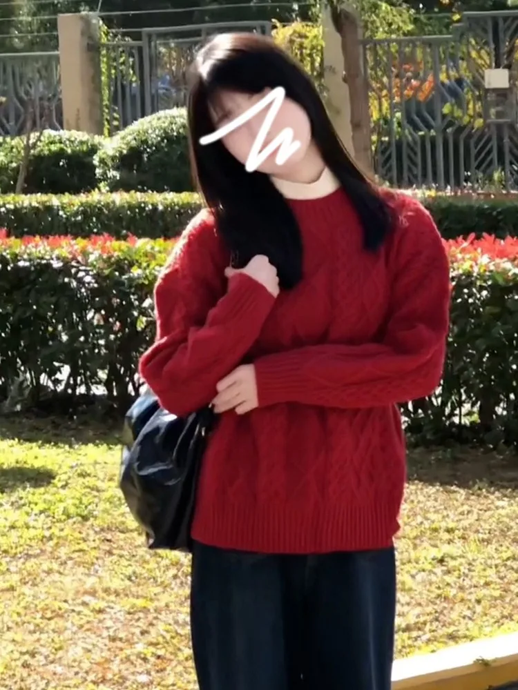 Красный облегающий пуловер в стиле ретро женский осенне-зимний дизайн трикотаж