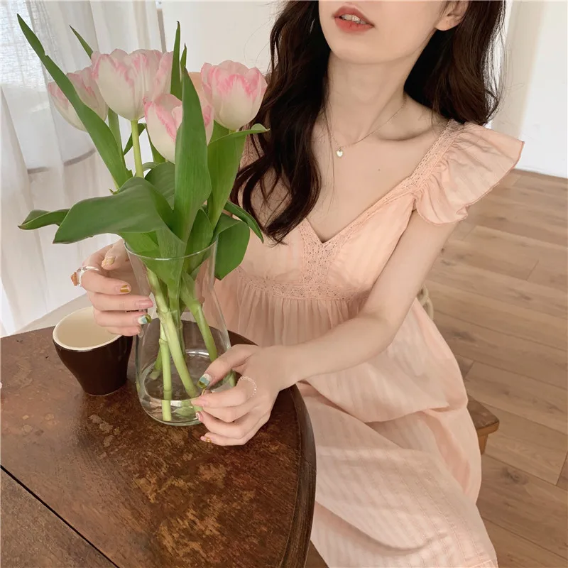 New Korean Sleepwear Sweet Princess Style Halter Pajamas Women Summer Cotton Sleeveless V-neck Pajamas Home Wear Long Dress