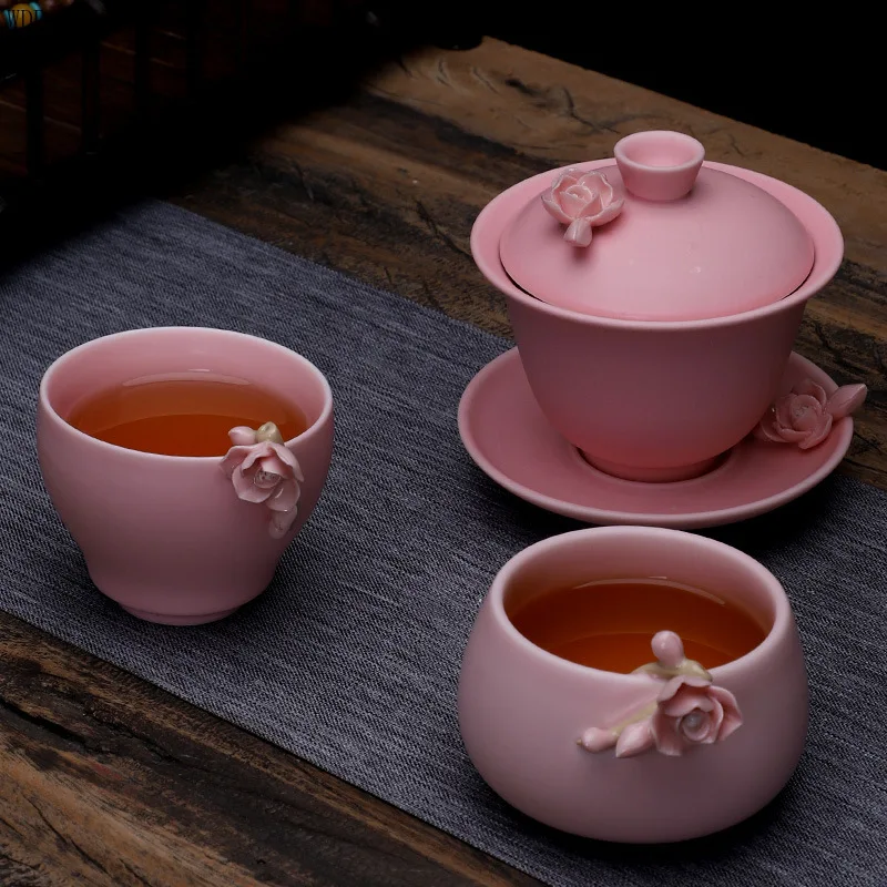 

creative hand-kneaded flower cover bowl teacup teapot anti-scalding kung fu tea set travel ceramic tea bowl household tea set