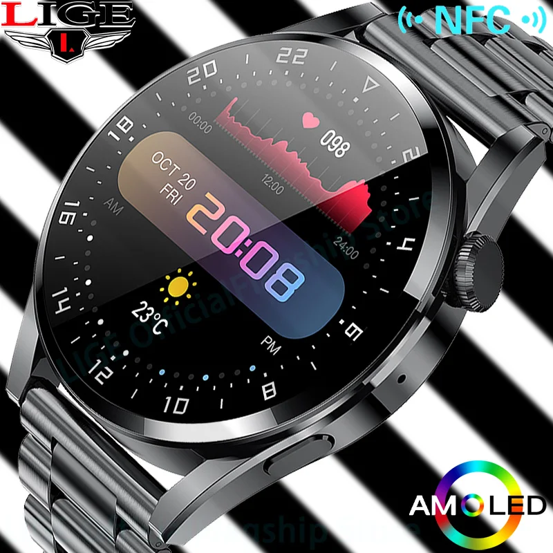 

LIGE NFC Smart Watch AMOLED Men Smartwatch TikTok Like Control Digital Watches Wireless Charger Bluetooth Call Clock For Huawei