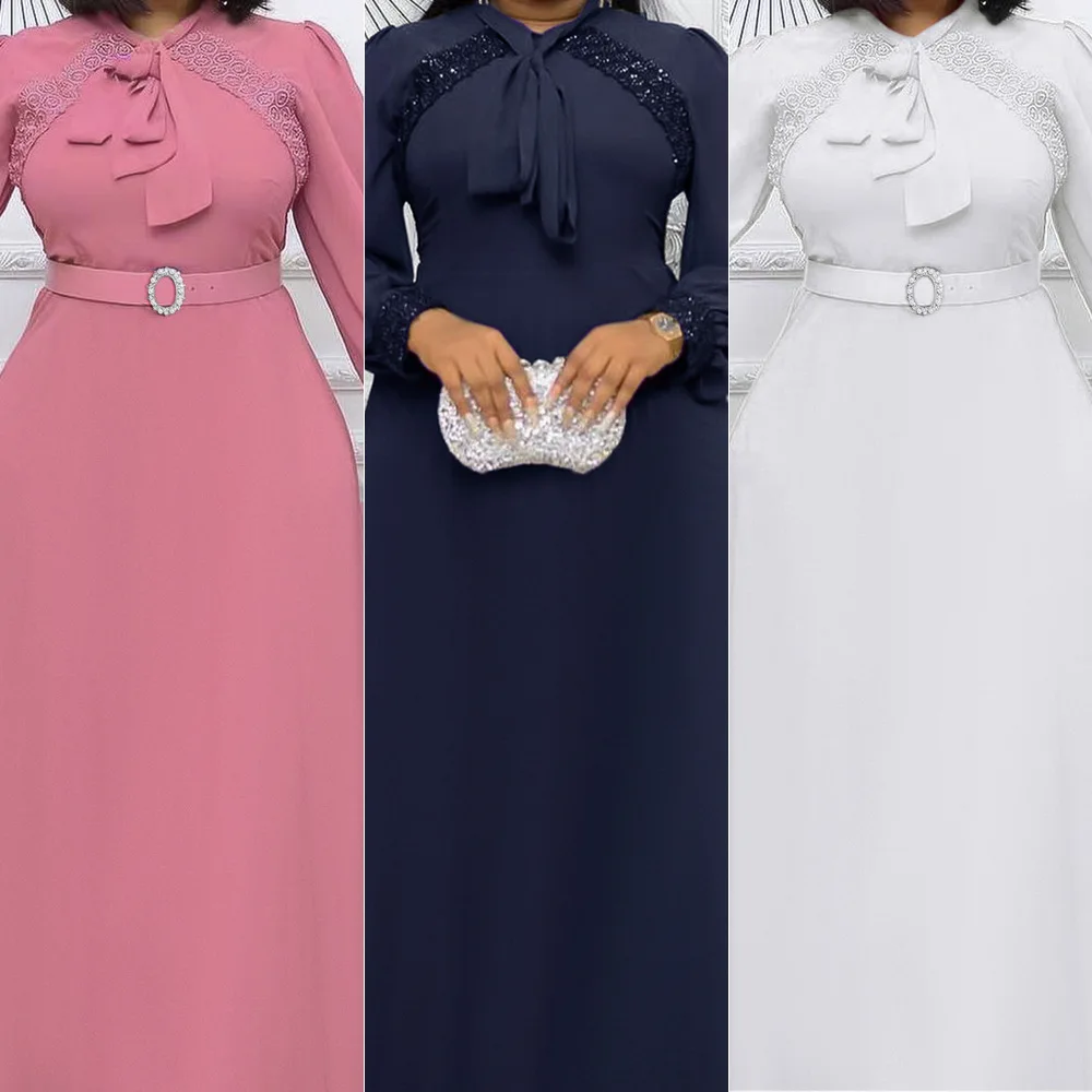 

Summer Elegent African Women Long Sleeve O-neck White Pink Polyester Long Dress African Dresses for Women African Clothes