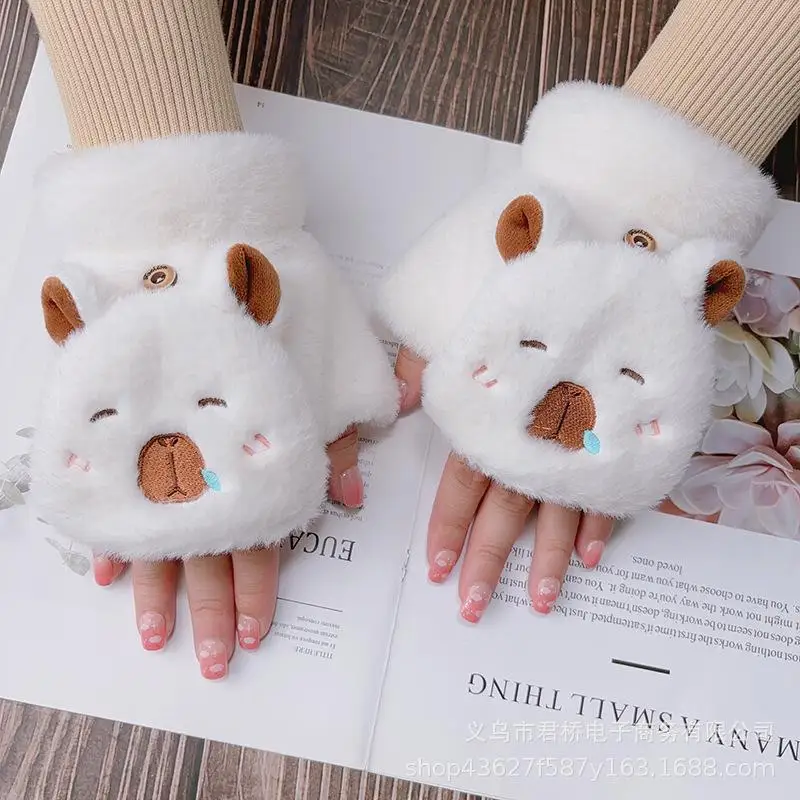 Kawaii теплые перчатки для девочек Kapibala новые милые откидные с открытым пальцем и