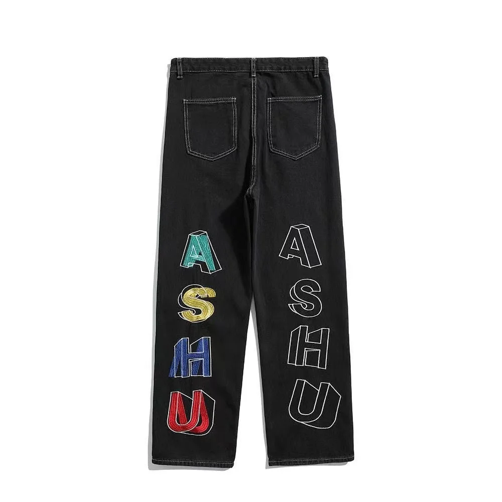 Men's Jeans Loose Embroidered Design Solid Color Men and Women's Hip Hop y2k Pants Streetwear High Quality Workwear Jeans Casual
