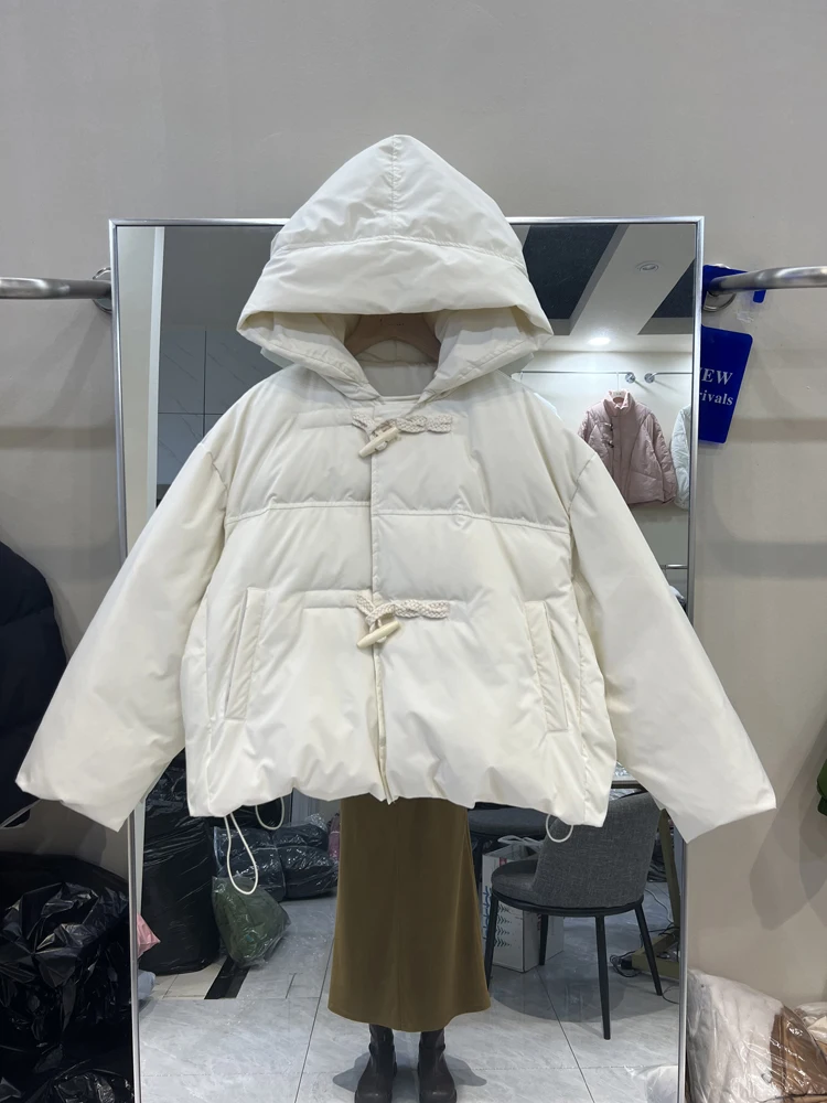 New Hooded Women's Down Jacket 2023 Winter Korean Fashion Horn Buckle White Duck Down Jacket Long Sleeve Warm Casual Coat