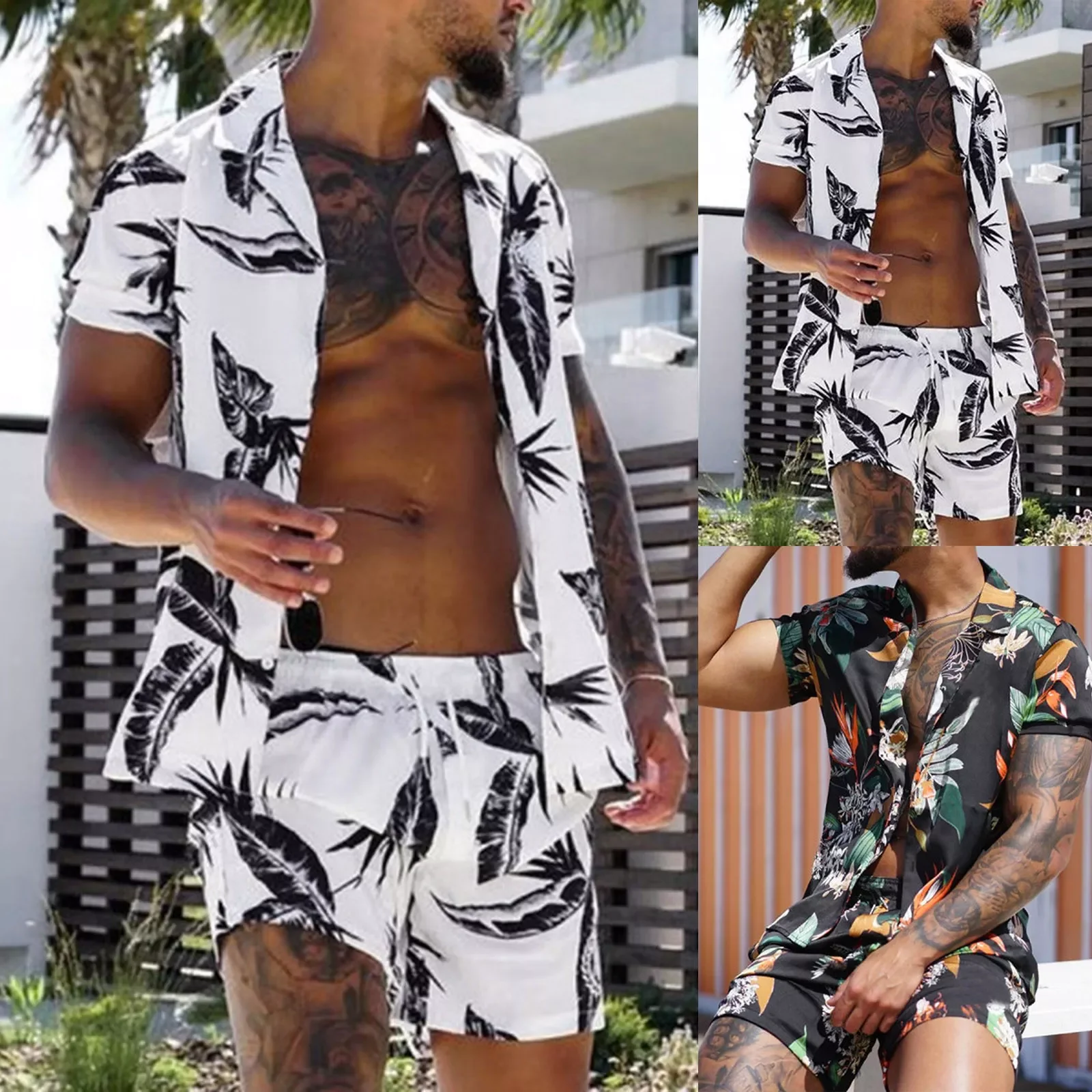 

Мужские комплекты 2022, рубашка с отложным воротником и короткими рукавами с принтом в стиле пэчворк, пляжные шорты, летняя уличная одежда, Га...