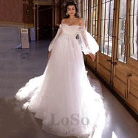 elegant wedding dress puff sleeve mopping appliques off the shoulder a line tulle sweetheart gown robe de mariee for women