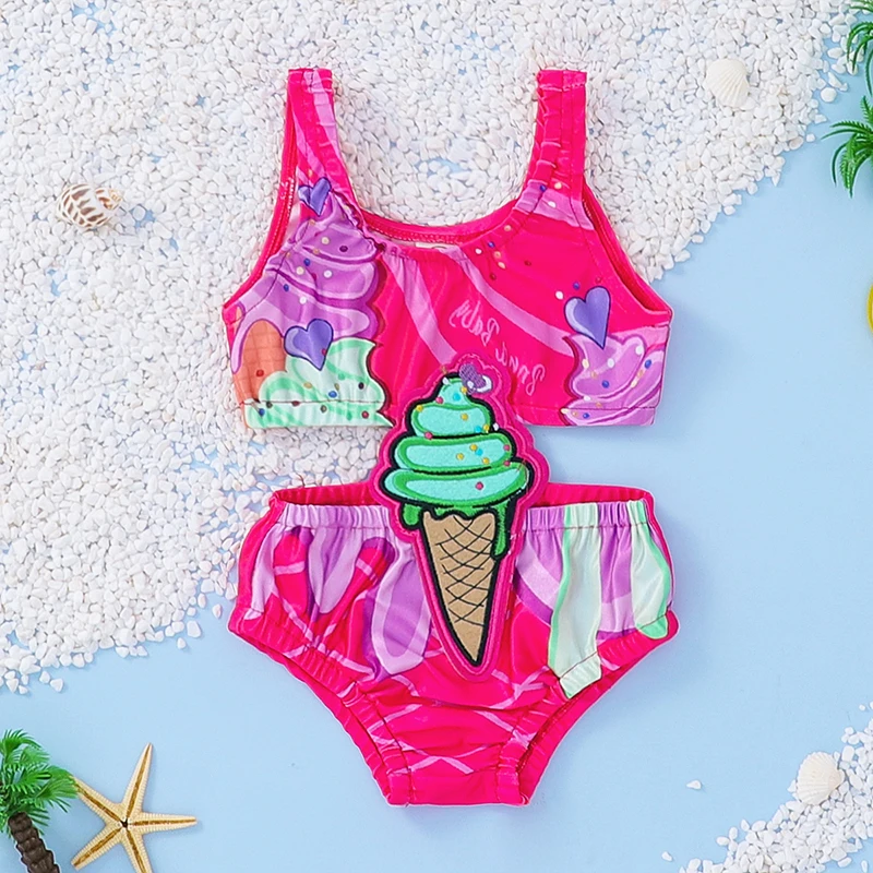 

6M-3T Baby Girl Ice Cream Rose Red Swimsuit Stitching Ice Cream Pattern Printing U-Neck Sleeveless Bodysuit Swimming Beachwear