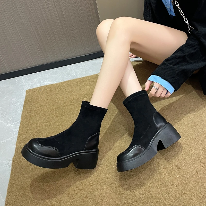 Женские ботильоны черные Нескользящие мотоциклетные женские короткие ботинки