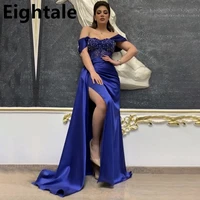 eightale blue mermaid evening dress off shoulder slit satin beading dress arabic formal prom party gown celebrity dress