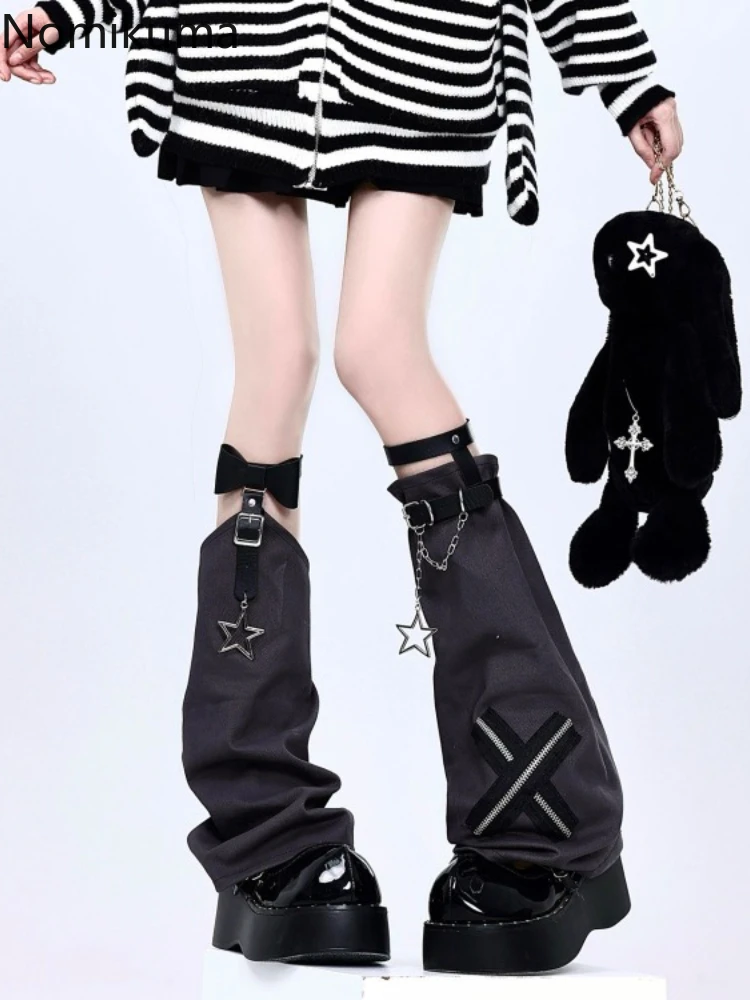 2024 кожаные гетры Harajuku Y2k с бантом черные белые розовые серые носки пряжкой в