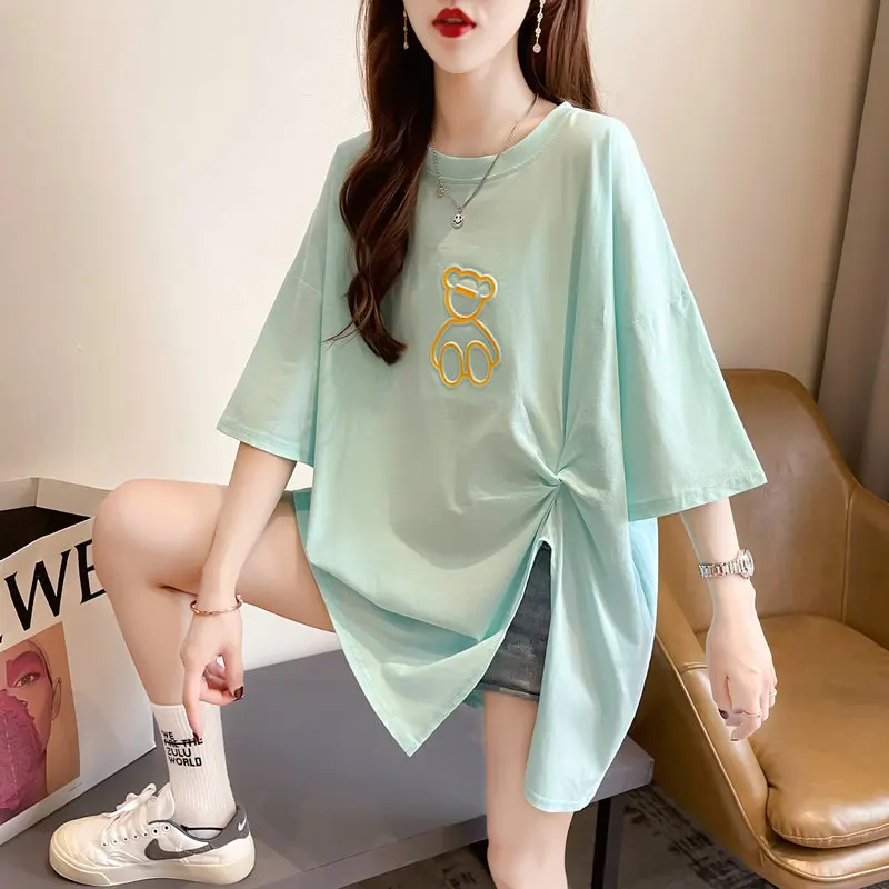 

Design sense niche short sleeve T-shirt women's summer and Korean version loose large women's wear medium and long irregular spl