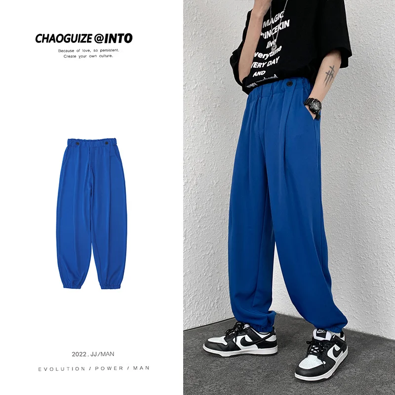 

Повседневные Модные мужские строгие прямые свободные эластичные брюки, мужские брюки с поясом, мужские корейские брюки, синее/черное платье