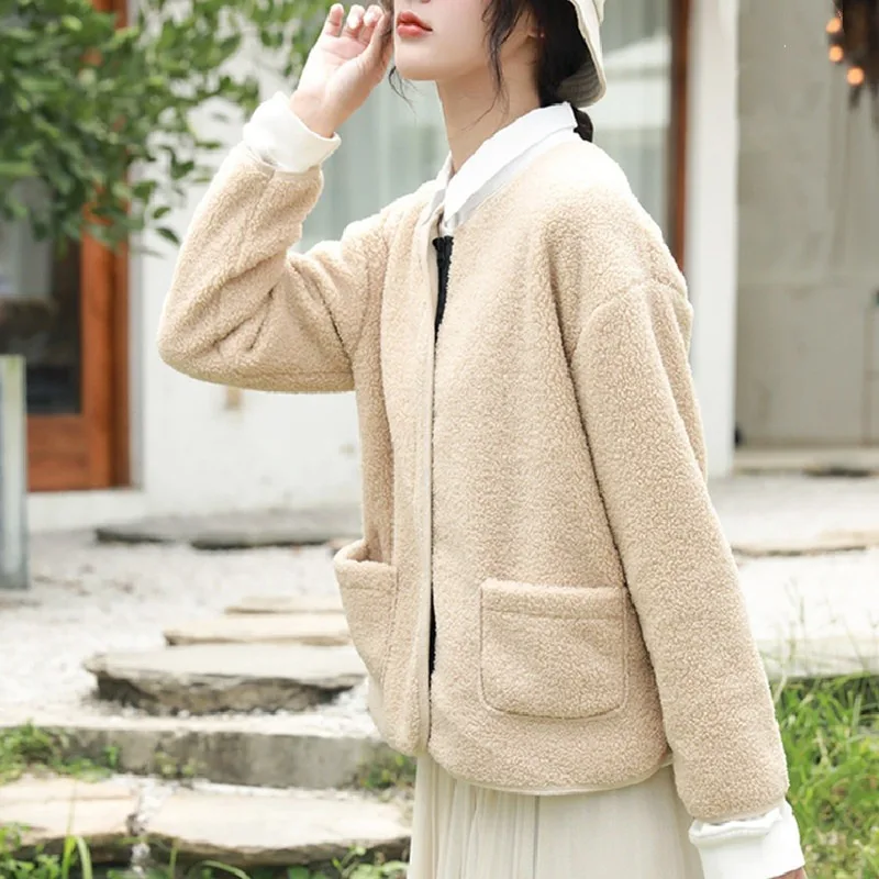 Женское шерстяное пальто свободное теплое короткое однотонный кардиган с