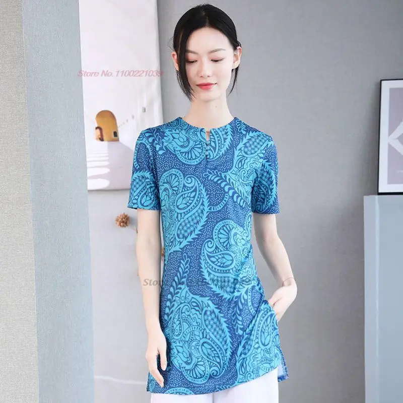 

2023 chinese traditional vintage shirt national flower print elastic shirt chinese ethnic hanfu tops o-neck folk shirt tang suit