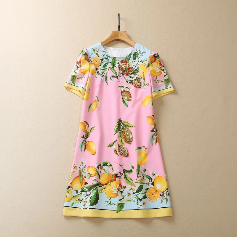 European and American women's clothes 2023 spring new Round neck Short Sleeve Stud Bead Lemon Print Pink Fashionable dress