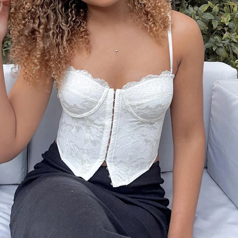 

Y2k пин-ап Корсет Топ кружевной с оборками винтажный ремешок короткий топ с открытой спиной Вечерние шнуровке мини-жилет сексуальный пляжный...