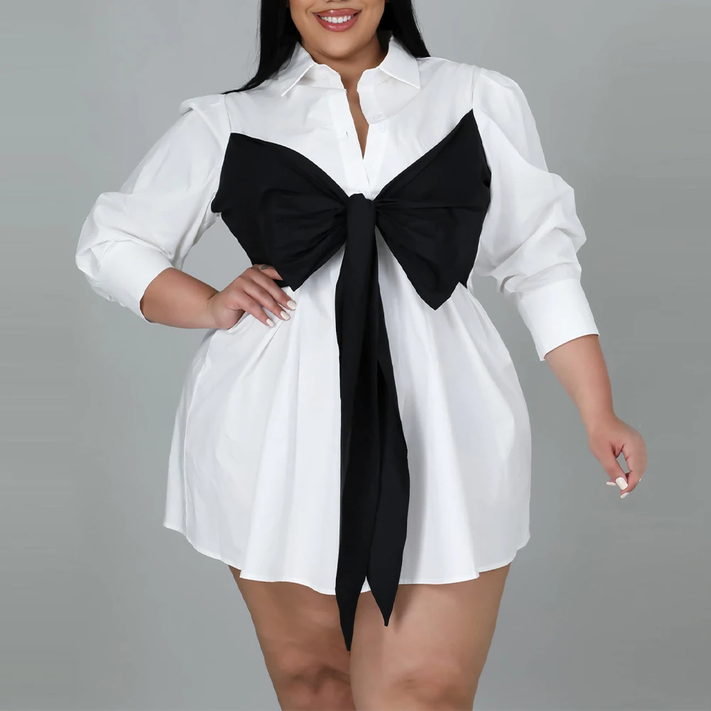 

Plus Size Women White Lace Up Bow Neck Waist Lapel Long Sleeve Blouse Dress Slim Fit Sexy Dress Bow Short Skirt