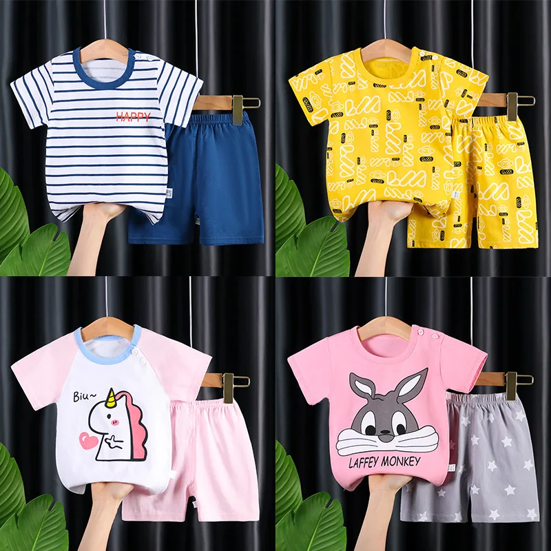 

Cute Kids Cotton Cartoon Pattern Short Sleeved T-shirt Set Children's Baby Clothing Summer Lovely Boys and Girls Shorts Clothes