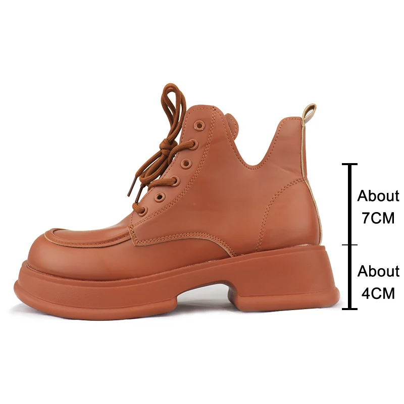 Risstarser Women Ankle Boots PU Leather Female Platform Shoes Round Toe Lace-up Women Short Boot Solid Retro Women Boots