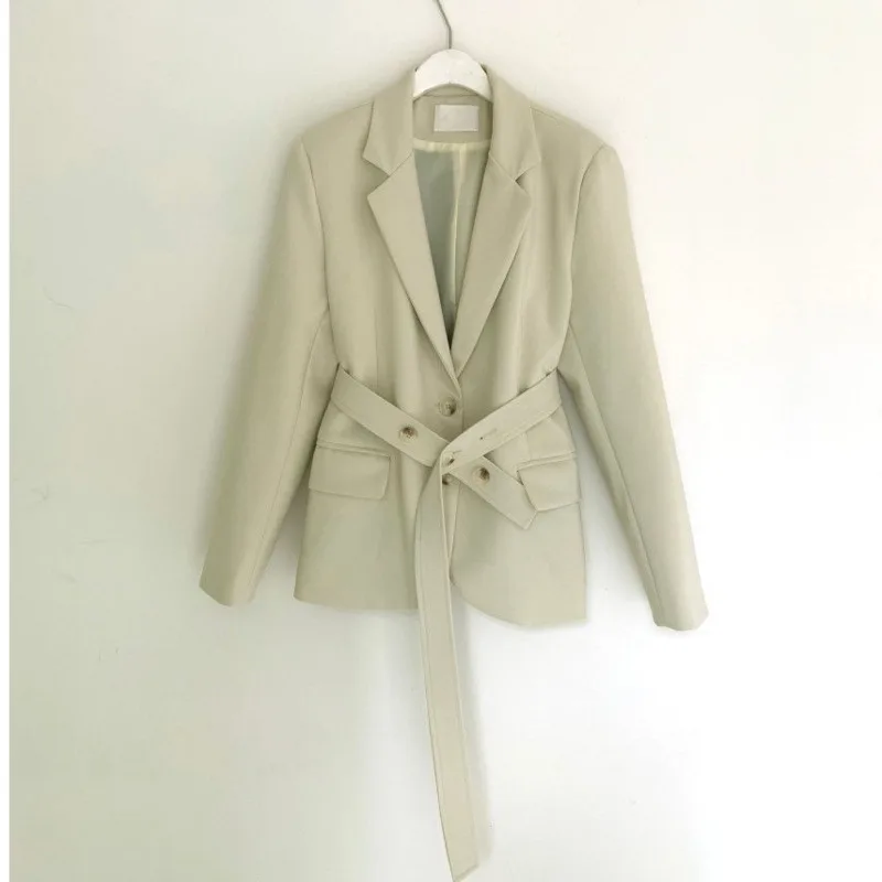 Spring Autumn Chic Blazer Ladies Elegant Fashion Lapel Slim Waist Belted Women Suit Jackets Single-breasted Outwear Casual Coat