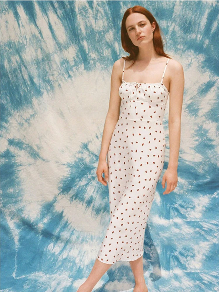 2023 Summer New  Dress Women Mulberry Silk Strawberry Print Sling Dress