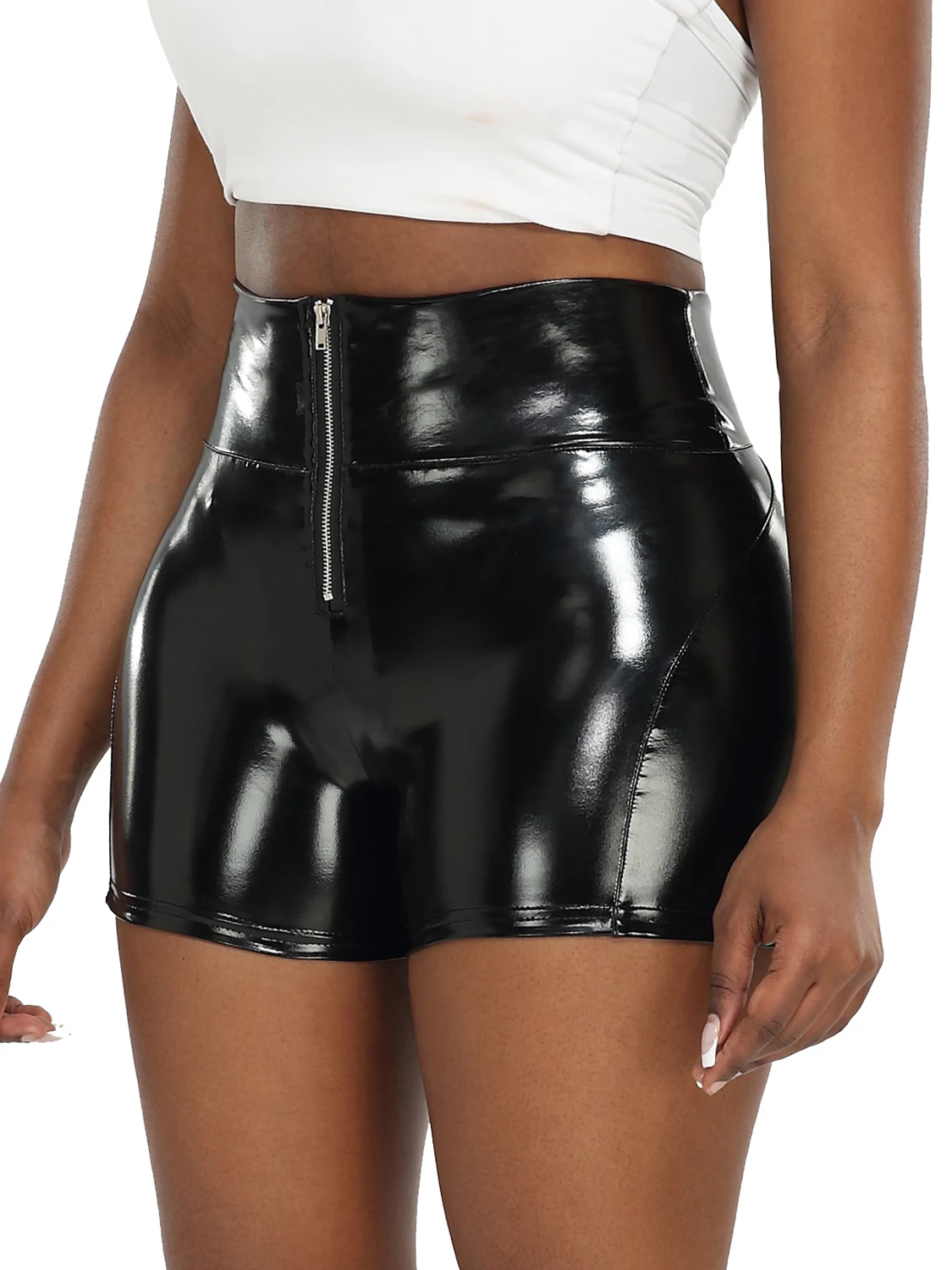 Zipper Pu Leather Shorts Women's High Waist Shiny Leather Leggings Fitness Running Workout Clothing Female Gym Sexy 2023 Newest