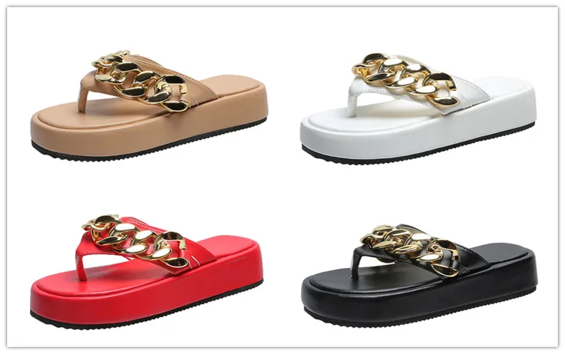 

Women's Sandals Women's Slippers Fashion Gold Chain Sandals Round Head Slippers Flat Heel Slippers Size 35-43