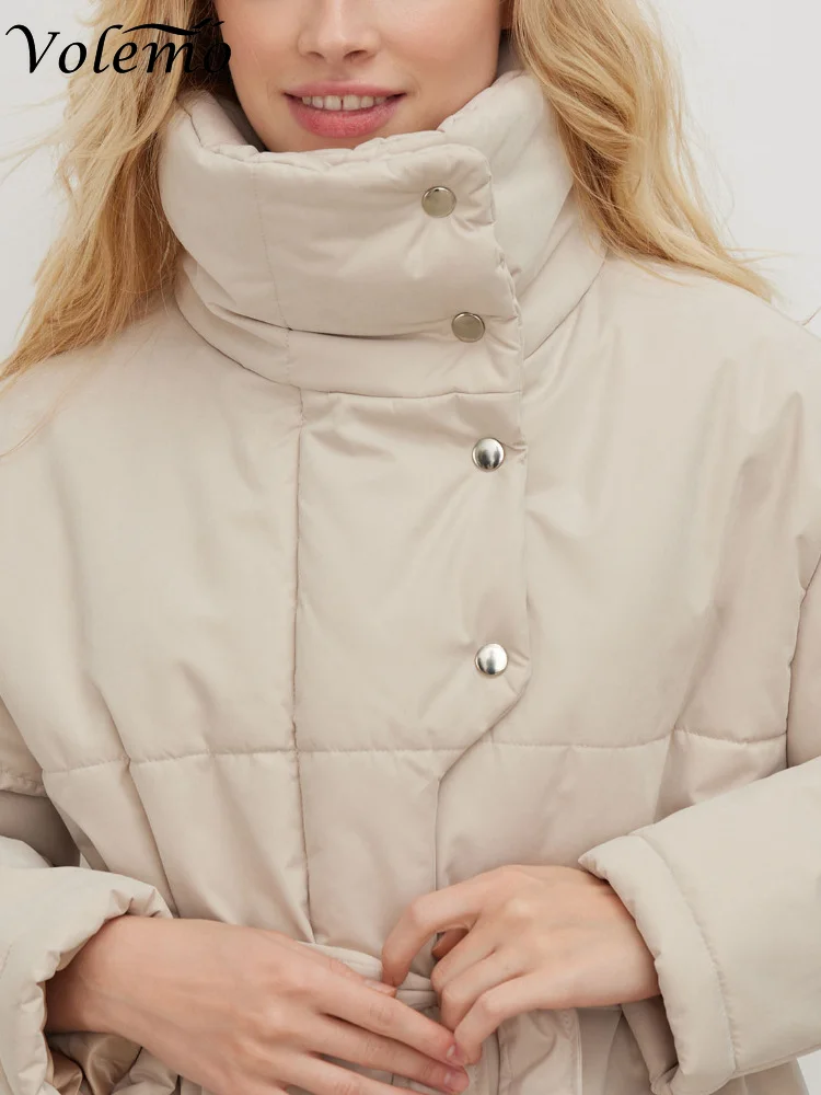Volemo 2022 Quilted Jacket Women Winter Loose Parkas Coat Vintage Belted Outwear Office Ladies Warm Cotton Puffer Jackets Tops