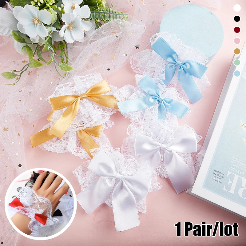 

Women Lolita Hand Sleeve Wrist Cuffs Ruffled Lace Bowknot Maid Cosplay Bracelet