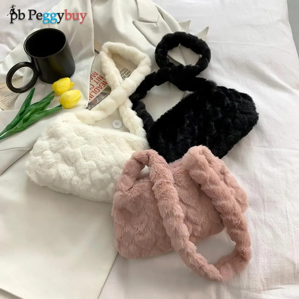 

2021 Winter Trend Soft Warm Plush Shoulder Bags Heart Pattern Handbags Tote Purse Lady Zipper Mini Armpit Bags For Women сумка