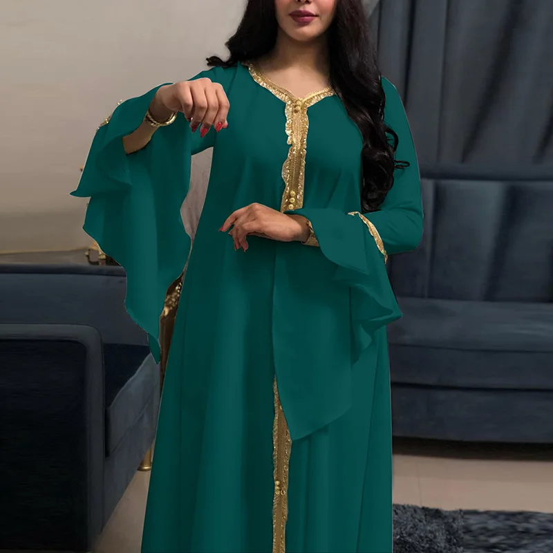 Ramadan Eid Style Abayas For Woman Dubai Fashion Polyester Chiffon Plus Size Long Muslim Dress Appliques Diamonds Robe Femme