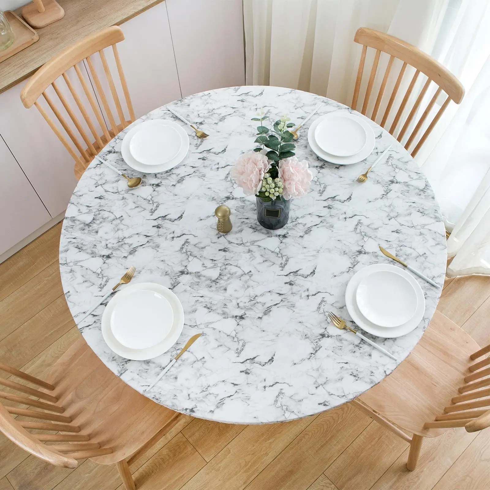 Round Vinyl Fitted Tablecloth Table Cloth Stain Resistant wi