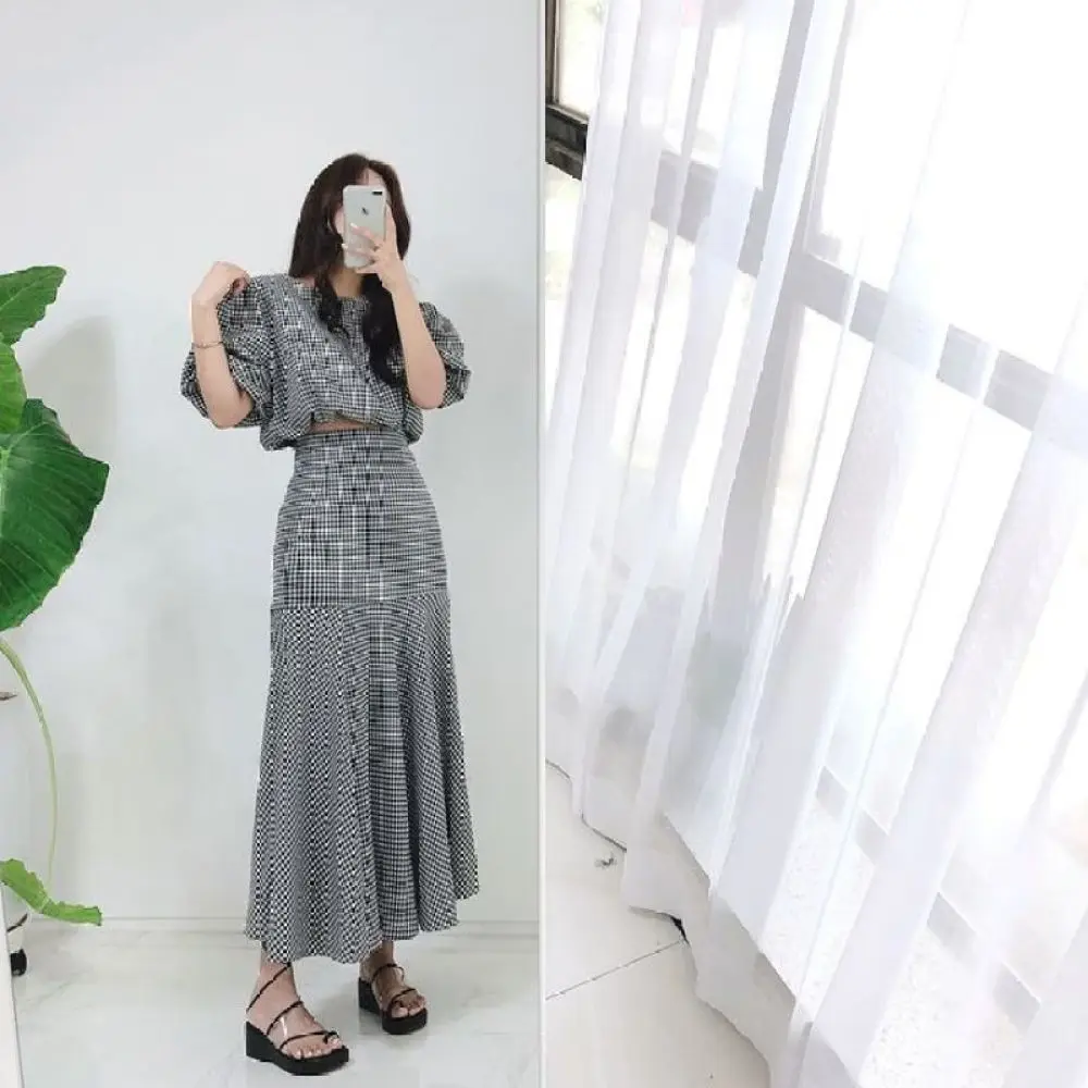 Женский элегантный клетчатый комплект из 2 предметов короткий топ с пышными