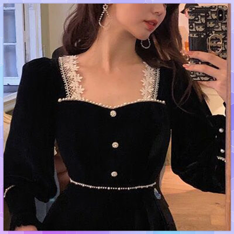 

Женское черное платье-миди трапециевидного силуэта, Элегантные Бархатные платья с квадратным вырезом и бисером, Шикарные Длинные платья дл...