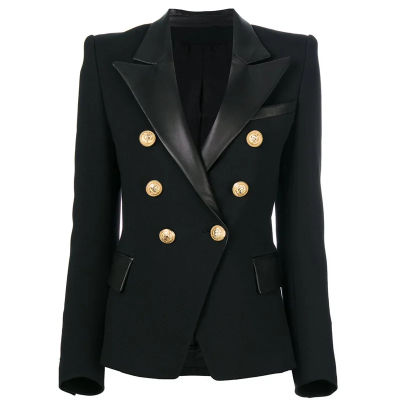 

Women's Classic Buttons Double Breasted Leather Collar Slim Fit Blazer