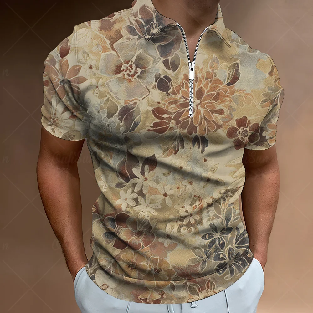 Brand New Men's Short Sleeve Polo Shirt 3D Flowers Printing Zipper Collar T-Shirt Casual Breathable High Quality Summer Clothes