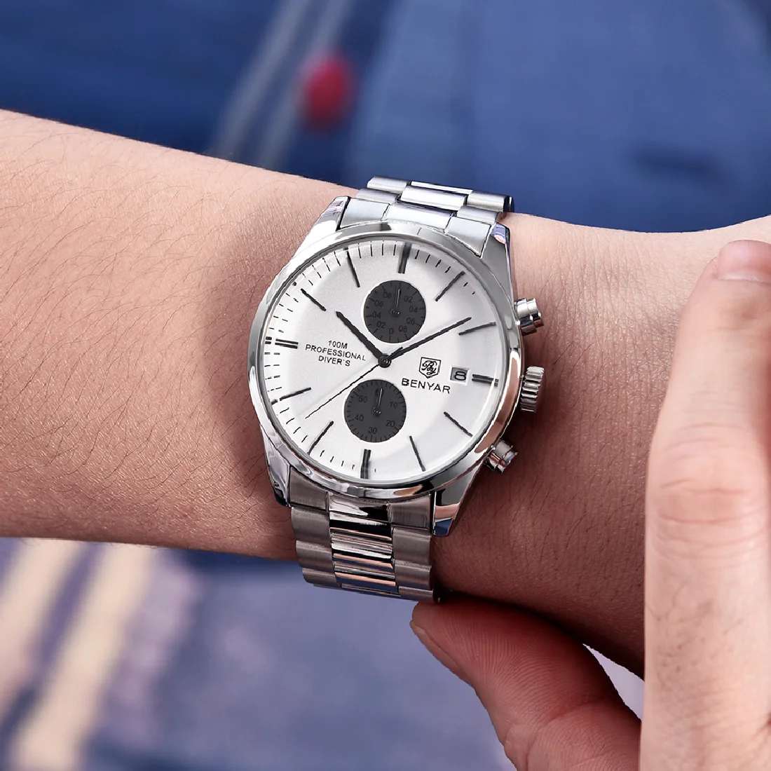 

Часы BENYAR Мужские кварцевые, брендовые Роскошные спортивные водонепроницаемые светящиеся с хронографом из нержавеющей стали