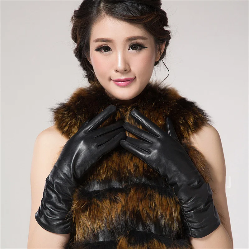 

New Fashion Pleated Genuine Sheepskin Leather Women Ladies Thin Warm Cycling Gloves Guantes Invierno