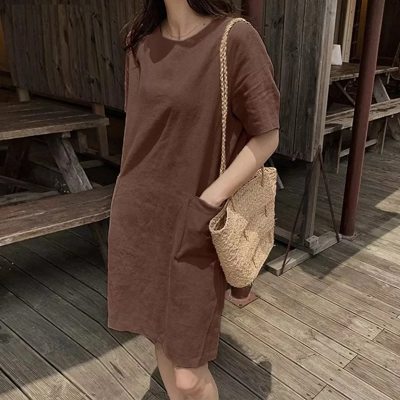 

Women Vintage Cotton Linen Dresses Beach Short Sleeve Round Collar Midi Dress Elegant Women Casual Pocket Summer Dress Tunicas