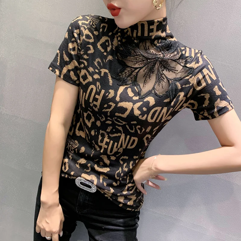 #7611 летняя леопардовая футболка Женская сетчатая Сексуальная с коротким рукавом
