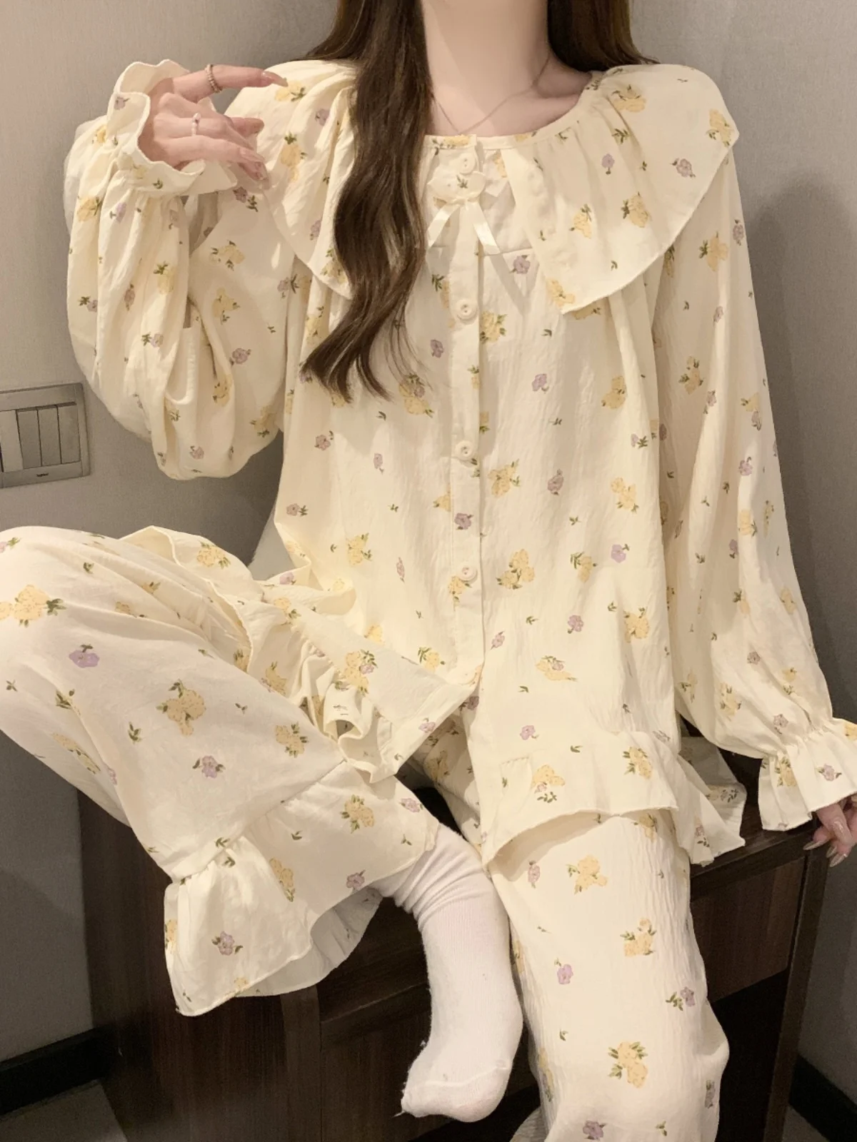 Floral Princess Sle Pajamas Women Spring and Autumn Pure Cotton Long sleeve Trousers Pastoral Set Winter Summer Homewear